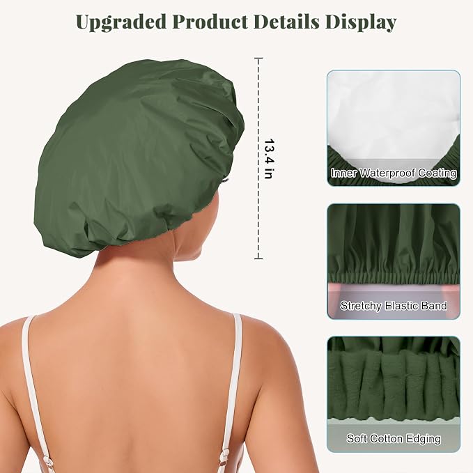 Shower Cap for Women Waterproof Reusable, Large Shower Cap Non-Slip with Elastic Band, Washable Bath Hair Hat for Long Hair, Braids (Dark Green)