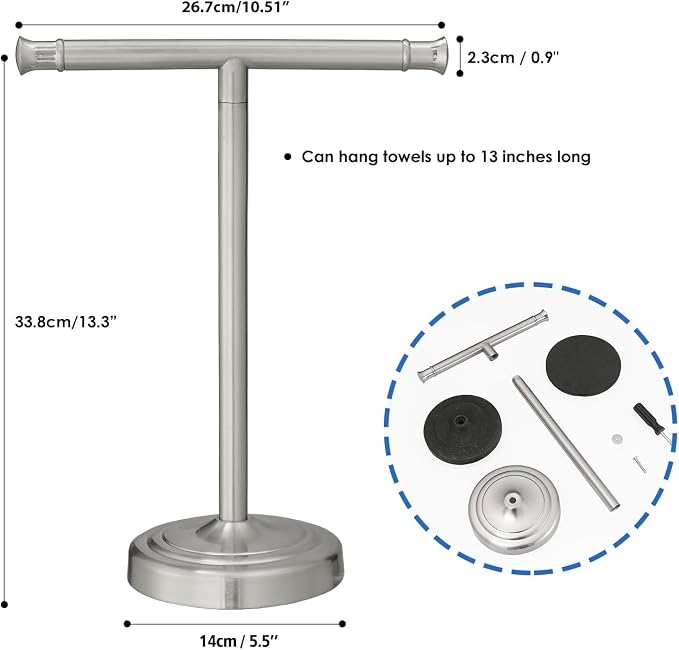RUMOSE 13 Inch Brushed Nickel Towel Stand Hand Towel Holder Bathroom Kitchen Vanity Countertop T-Shape Towel Rack Free Standing Stainless Steel Towel Bar Towel Ring