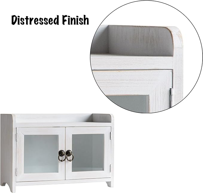 COLLECTIVE HOME - Storage Cabinet, Mini Countertop Cabinet, Distressed Wood Organizer for Kitchen Living Room Bedroom Bathroom Office with Magnetic Door, 14.5 x 6.5 x 10 (White)