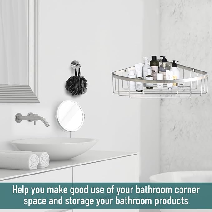 Stainless Steel Wall Mount Shower Caddy, Single Hook & Bath Wipe Waterproof Durable Corner Shower Rack for Bathroom Space Saving Bathroom Organizer & Storage for Shampoos Soap Bath Items Brushed
