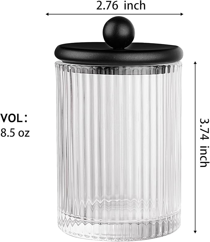 SheeChung 2 Pack Ribbed Glass Qtip Holder with Black Metal Lids | Apothecary Jars Bathroom Organizer Countertop Vanity Canister Set for Cotton Swabs, Rounds, Floss Picks-Modern Luxury Decor