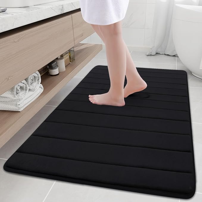 Buganda Memory Foam Bath Mat 47 x 32, Ultra Soft Absorbent Bathroom Rugs | Black, Machine Washable Quick Dry Bath Mats for Bathroom Floor, Shower and Tub, Home Decor Accessories
