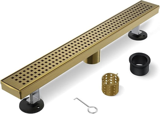 Shower Drain, 28 Inch Titanium Gold Linear Shower Drain with Removable Square Hole Cover Grate, Bathroom 304 Stainless Steel Brushed Gold Shower Floor Drain with Adjustable Feet,Hair Filter