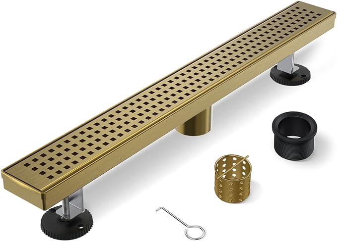 Linear Shower Drain, 48 Inch Titanium Gold Shower Drain with Removable Square Hole Cover Grate, Bathroom 304 Stainless Steel Brushed Gold Shower Floor Drain with Adjustable Feet,Hair Filter