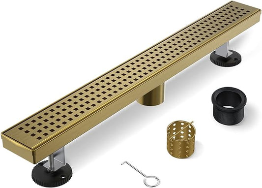 Linear Shower Drain, 48 Inch Titanium Gold Shower Drain with Removable Square Hole Cover Grate, Bathroom 304 Stainless Steel Brushed Gold Shower Floor Drain with Adjustable Feet,Hair Filter