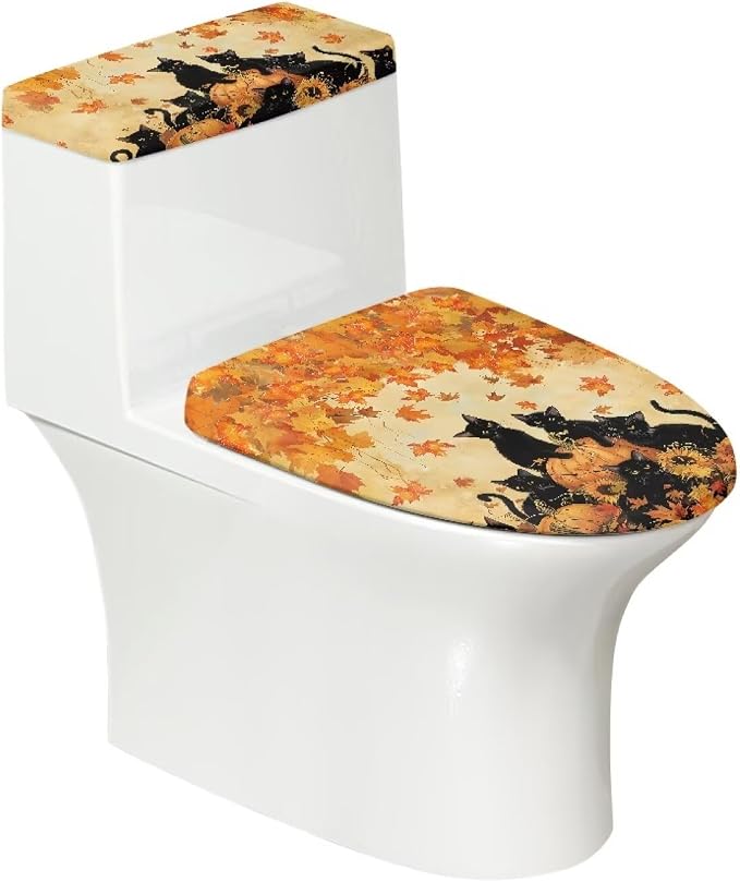 Black Cat Toilet Lid Covers for Bathroom Set, Pumpkin Toilet Seat Lid Cover Maple Leaf Pattern, Lightweight Bathroom Autumn Decor