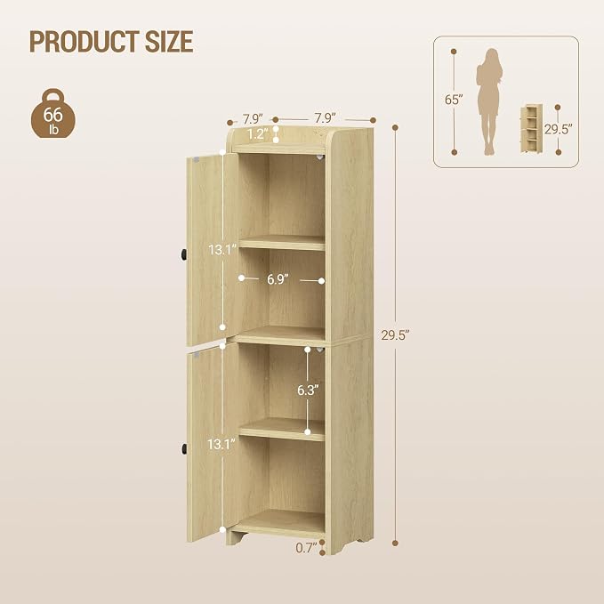 Hzuaneri Bathroom Storage Cabinet, Small Corner Floor Cabinet with 2 Doors and Adjustable Shelf, Narrow Toilet Paper Cabinets, Bathroom Organizer for Small Spaces, 7.9"D x 7.9"W x 29.5"H Rattan Yellow