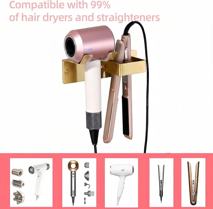 Hair Dryer and Straightener Holder, Hair Tool Organizer Wall Mount for Bathroom, Blow Dryer Holder Adhesive/Drilling HairDryer Stand, Stainless Steel Straightener Holder Gold UEMUSI