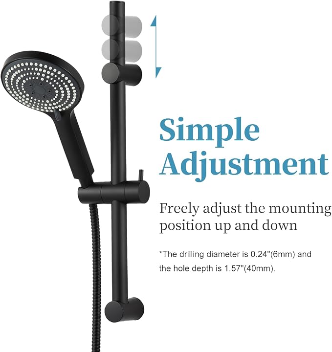OFFO Shower Slide Bar Combo, Adjustable 21 in Slide Bar with 6-Mode High Pressure Handheld Shower Head and 60 in Stainless Steel Hose, Screw Wall Mounted, Matte Black
