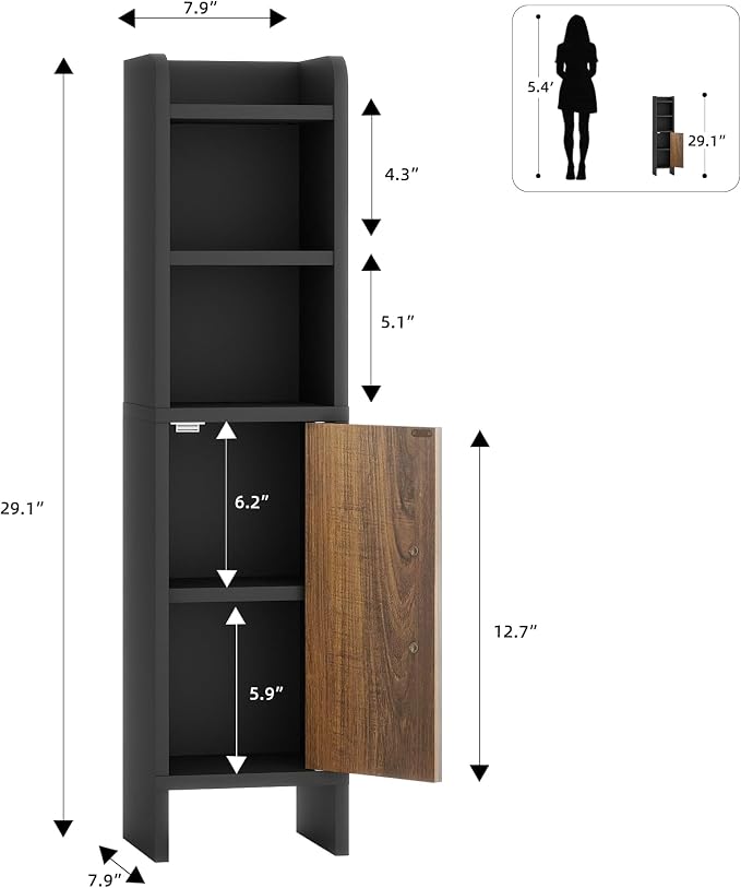 Small Bathroom Storage Corner Floor Cabinet Narrow Toilet Paper Cabinet with Adjustable Shelves Wooden Slim Bathroom Organizers and Storage with Fluted Door for Small Spaces, Black