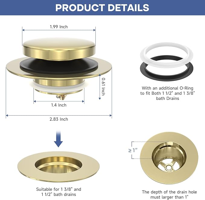 Brushed Gold Upgraded Tip Toe Tub Stopper, Universal Pop Up Bathtub Drains Plug, Bathroom Bath Tub Drain Stoppers, Replaces Lift and Turn, Tip-Toe and Trip Lever drains for Tub, Easy Install