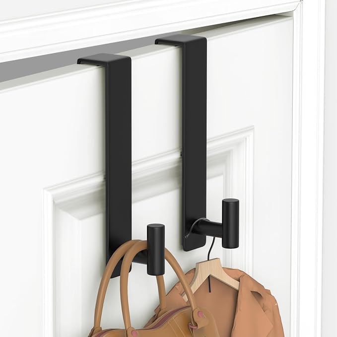 PMMASTO 10 Inch Extended Over The Door Hooks 2-Pack, Rustproof Stainless Steel Door Hanger with Non-Slip Pads for Bathroom Kitchen Entryway (Black, Fits 1-3/4" Thick Door, T Shape 2 Pack)