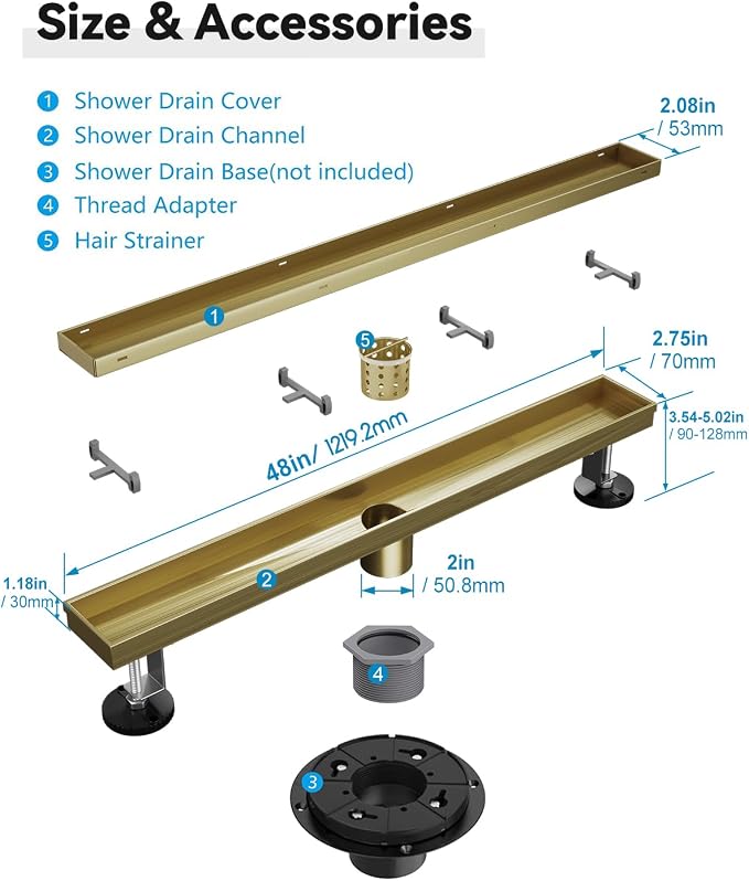 Linear Shower Drain, 48 Inch Titanium Gold Shower Drain with Removable Tile Insert Grate, 2 in 1 Bathroom 304 Stainless Steel Brushed Gold Shower Floor Drain with Adjustable Feet,Hair Filter
