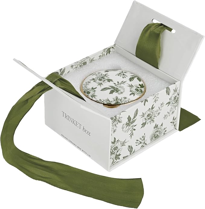 Sweet Water Decor Green Delft Round Trinket Box, Jewelry Storage for Bathroom Counter or Nightstand, Ring Holder for Bridal Shower, Wedding, or Home, Elegant Jewelry Holder & Organizer for Women