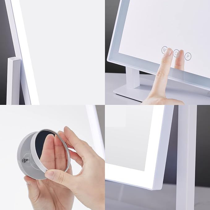 HIEEY Lighted Makeup Mirror, 14.1" x 12.1" Hollywood Vanity Mirror with Lights, Three Color Lighting Modes, and 5X Magnification Mirror, Smart Touch Control, 360°Rotation (White,Gift Box)