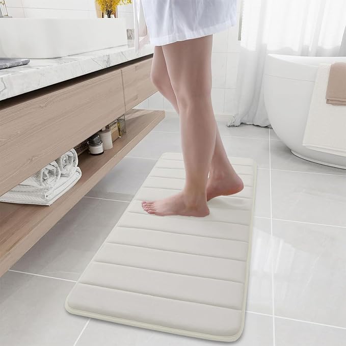 Buganda Memory Foam Bath Mat 44 x 17, Ultra Soft Absorbent Bathroom Rugs | Cream, Machine Washable Quick Dry Bath Mats for Bathroom Floor, Shower and Tub, Home Decor Accessories