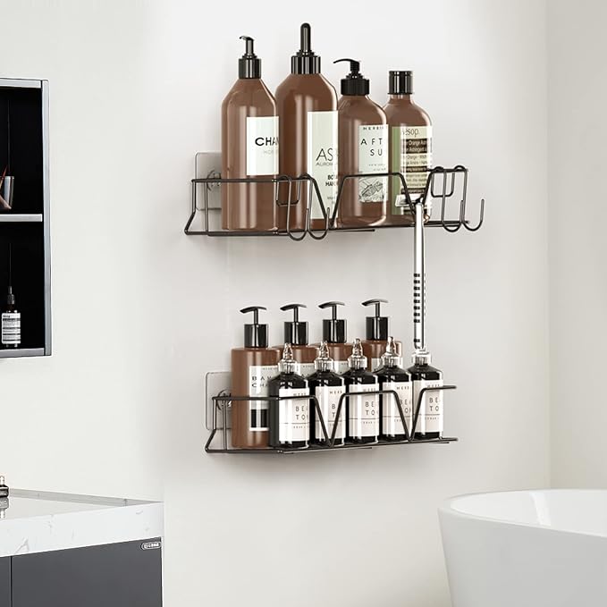 Shower Caddy Organizer Shelf with Paper Towel Holder, Adhesive Black Bathroom Storage Basket with Hooks, Rustproof Stainless Steel Kitchen Spice Racks, No Drilling Wall Mount, 3 Pack