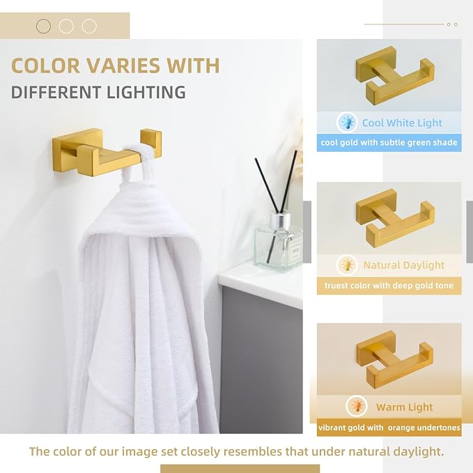 Angle Simple Towel Hook for Bathroom, SUS 304 Stainless Steel Hand Towel Holder, Double Robe Coat Hook for Wall, Brushed Dark Gold