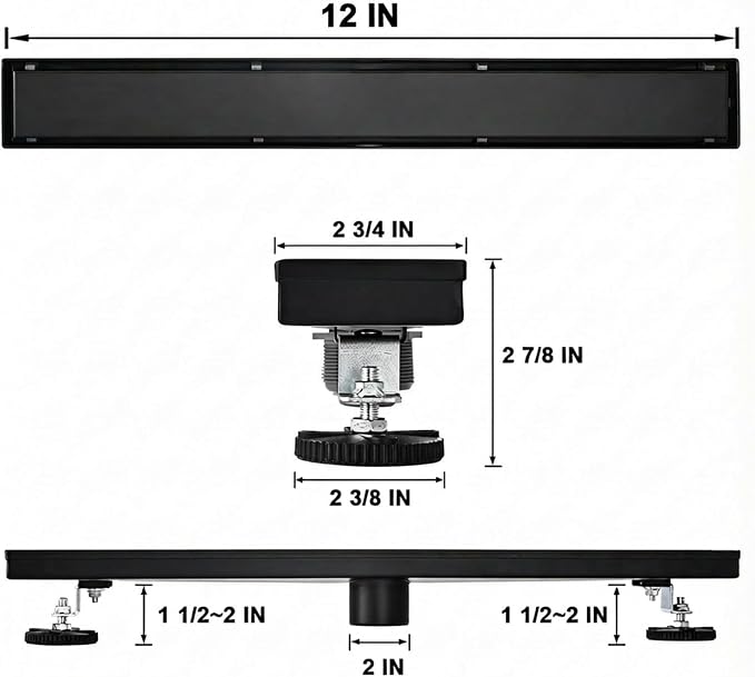 AVSIILE Linear Shower Floor Drain, Black 12 Inch 304 Stainless Steel Bathroom Drains Kit, Rectangular Shower Trench Drain with Reversable Tile-in Pattern Drain Cover & Hair Catcher