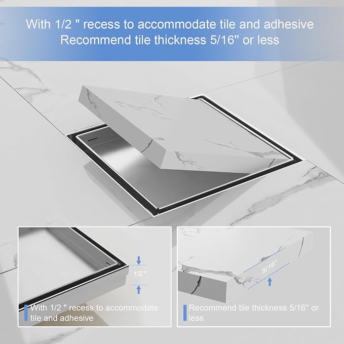 6-Inch Square Shower Drain with Tile Insert Grate, SUS 304 Stainless Steel Shower Floor Drain Kit with Hair Strainer (Brushed Nickel)
