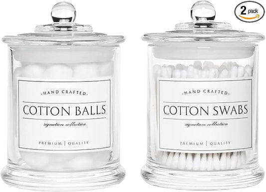 Volisnova 2 Pack Farmhouse Apothecary Jars with Lids - Glass Qtip Dispensers and Cotton Ball Holders for Bathroom Vanity Storage and Organization with 8 Pcs Wterproof Labels (Clear Glass)