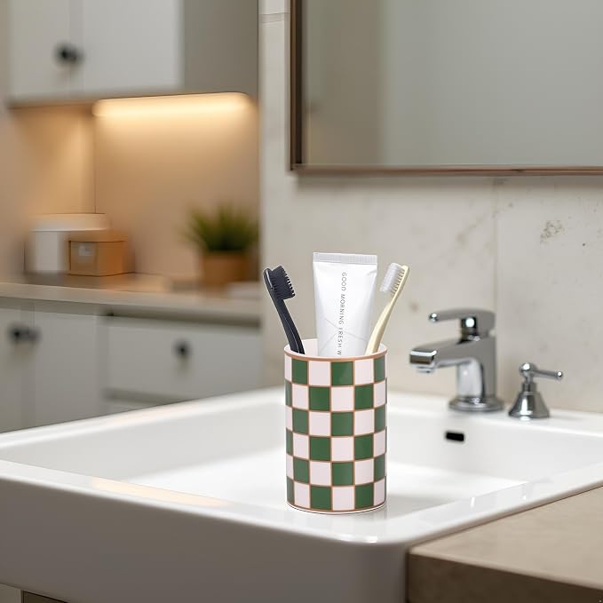 Checkered Bathroom Toothbrush Holder, Bathroom Black and White Ceramic Toothbrush Holder, Modern Toothbrush Box, Used for Bathroom countertop Storage Rack, Checkered Bathroom Decoration (Green)