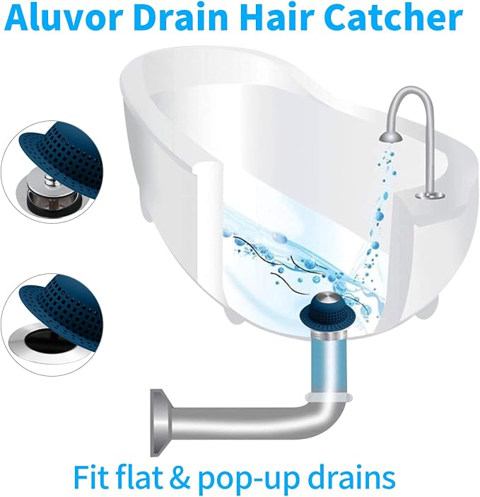 Aluvor Shower Drain Hair Catcher Bathtub Drain Cover Sink Drain Protector | Bathroom Sink & Bathtub Drain Strainer for Pop-Up & Regular Drains, Silver Navy Blue