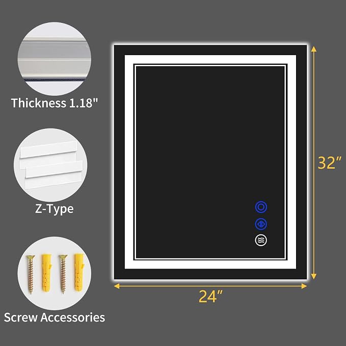 32"x24" LED Bathroom Mirror with Lights,Anti-Fog,3 Color Modes