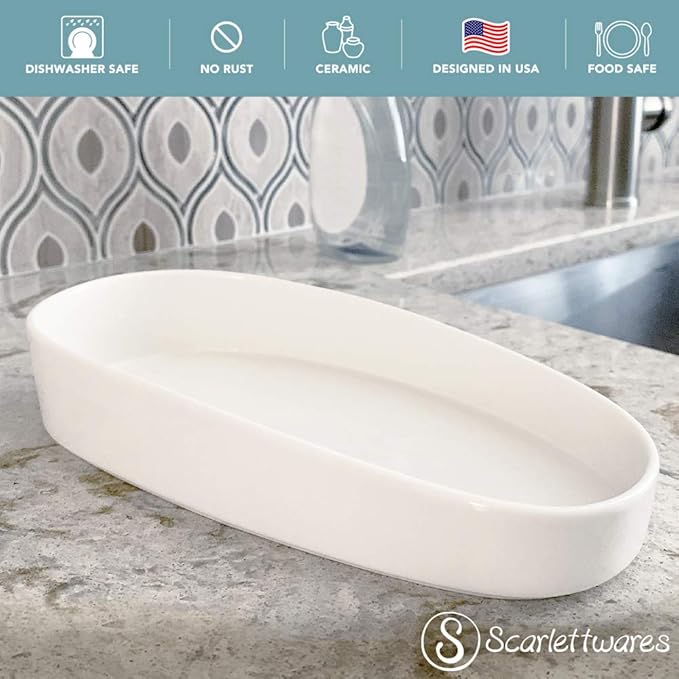 Scarlettwares Sponge Holder Soap Bottle Tray, Kitchen Sink Organizer Oval Ceramic White, Olive Oil Tray