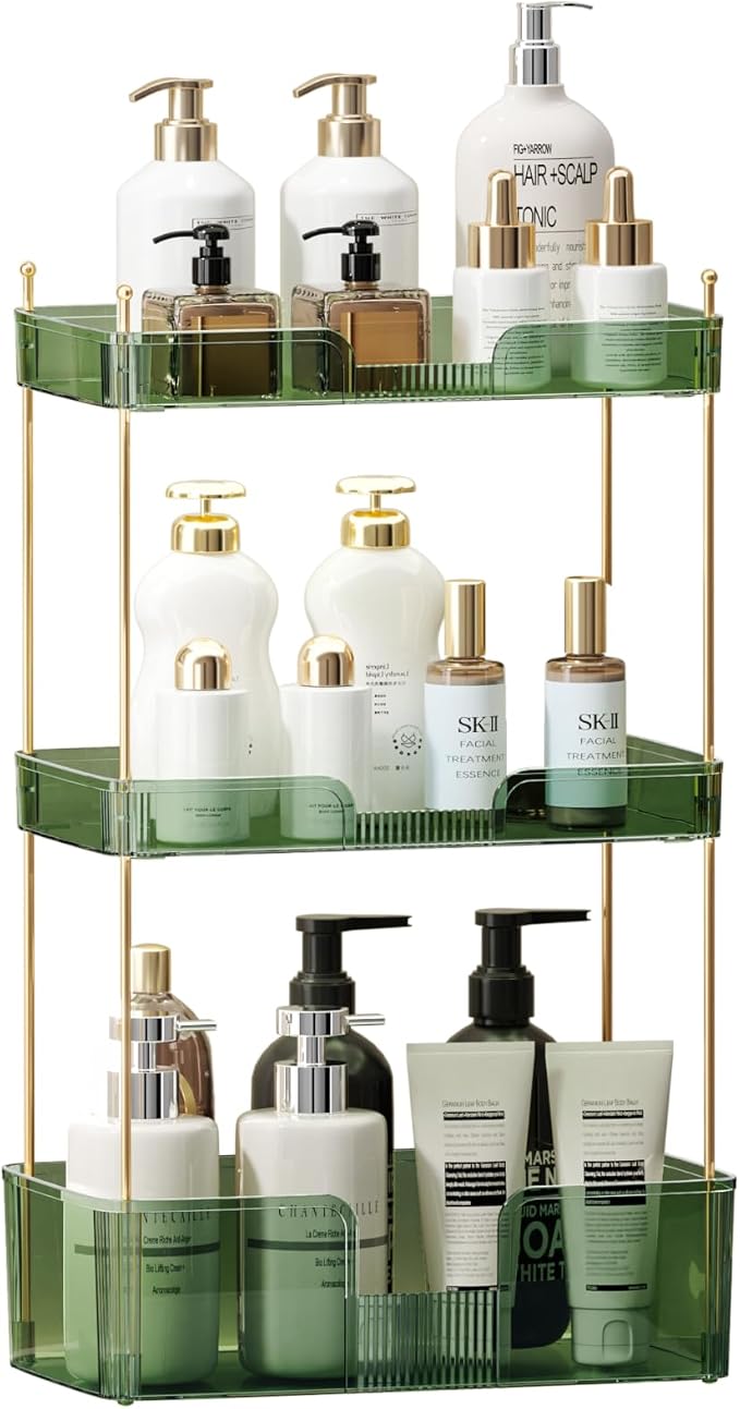 Akinbas 3 Tier Bathroom Organizer Countertop Makeup Perfume Tray Skincare Organizer for Bathroom Dresser Vanity (Green)