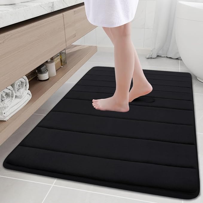 Buganda Memory Foam Bath Mat 40 x 32, Ultra Soft Absorbent Bathroom Rugs | Black, Machine Washable Quick Dry Bath Mats for Bathroom Floor, Shower and Tub, Home Decor Accessories