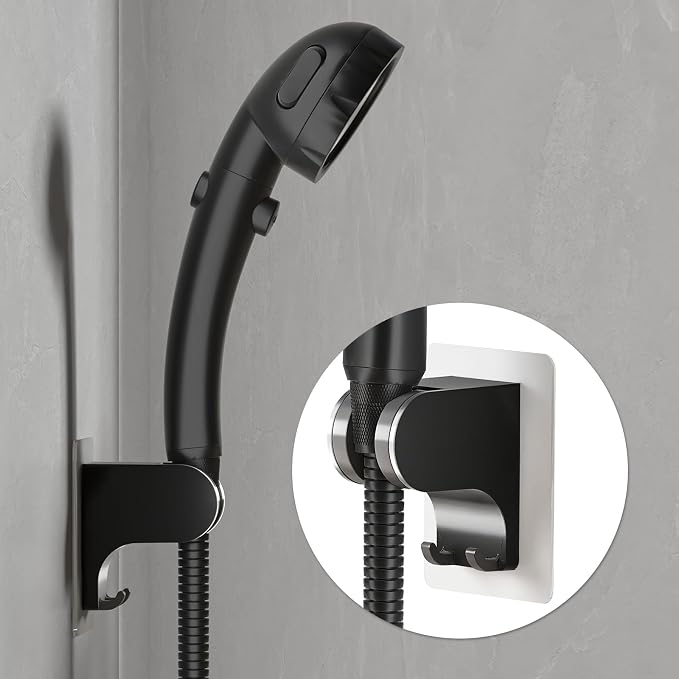 JONKEAN Shower Head Holder Without Drilling, 3m Handheld Shower Head Holder Adhesive, 50°Adjustable Shower Wand Holder Wall Mount, Shower Head Bracket with Hook (Black, 1 Pack)