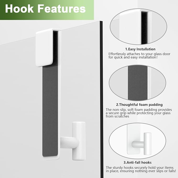 Shower Door Hooks, Heavy Duty Rack Hooks for Robe, Stainless Steel Robe Towel Hooks for Bathroom, Fits Frameless Glass Shower Doors up to 3/8" (10mm) Thick (White, 2 Pack)