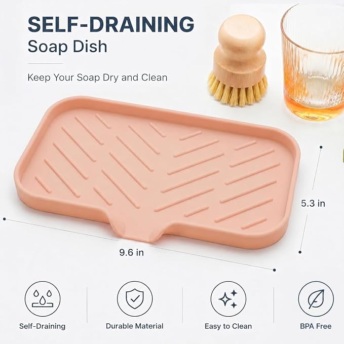 MicoYang Silicone Soap Dish with Drain Spout — Self-Draining Sink Organizer Tray for Bathroom & Kitchen, Sponges, Dispensers & Soap Holder, Non-Slip & Dishwasher Safe, Pink (Medium, 9.6"×5.3")