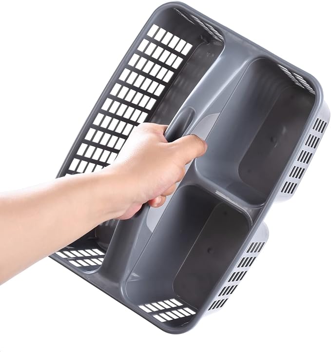 ALINK Plastic Shower Caddy Basket with Compartments, Portable Divided Cleaning Supply Storage Organizer with Handle for College Dorm Bathroom - Gray