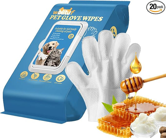 Pet Glove Wipes, Disposable Grooming Mitts for Dogs and Cats, Waterless Bath, Lick-Safe, with Jojoba Oil, Honey Extract and Shea Butter, 20 Count (Extra Thick, 20 Count-Glove Wipes)