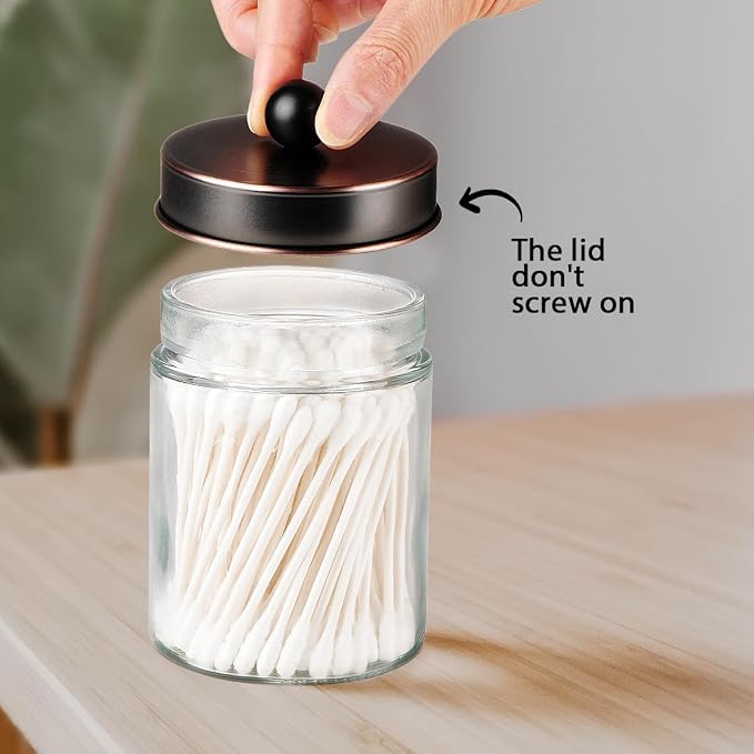 Amolliar 6 Pack Apothecary Jars Bathroom Organizer - Rustic Farmhouse Decor Qtip Holder with Stainless Steel Lids - Glass Bathroom Storage Canisters for Cotton Swabs, Rounds, Balls, Flossers (Bronze)