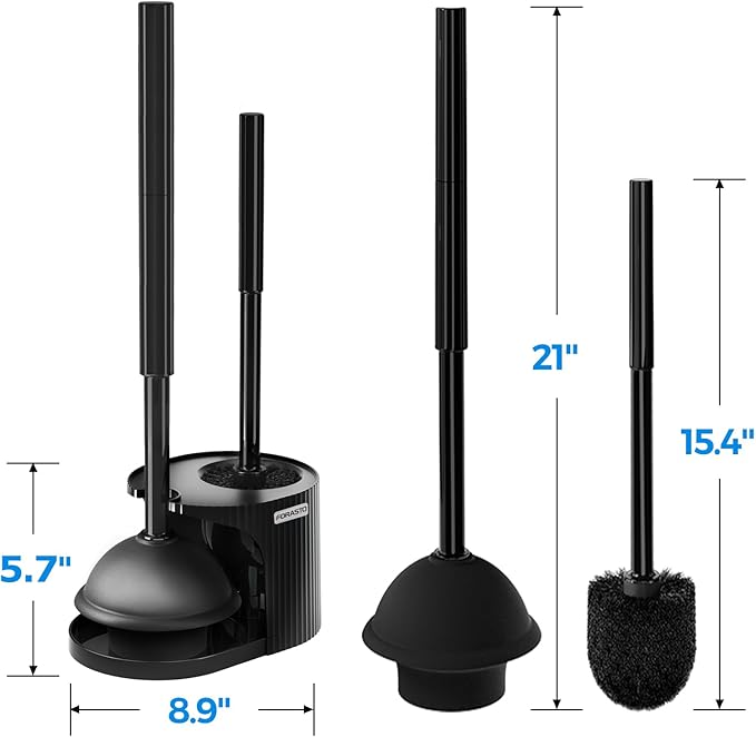 FORASTO 2IN1 Toilet Brush and Plunger Set, 3Pack Extended Handle Combo | Black Bathroom Accessories, Bathroom Decor, Apartment Essentials, Home Essentials, Cleaning Supplies, Compact Floor Storage
