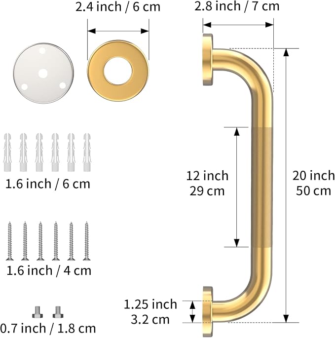 20 Inch Anti Slip Shower Grab Gold, Munzong Bathroom Grab Bar, Knurled Bathroom Balance Bar,Safety Hand Rail Support Handicap Elderly Injury Senior Assist Bath Handle