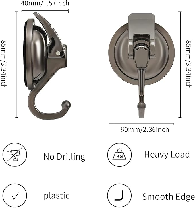 11 LBS Heavy Duty Suction Cup Hooks No Drill Wreath Hanger for Glass Door Bathroom Tile 4 Pack Gunmetal Grey