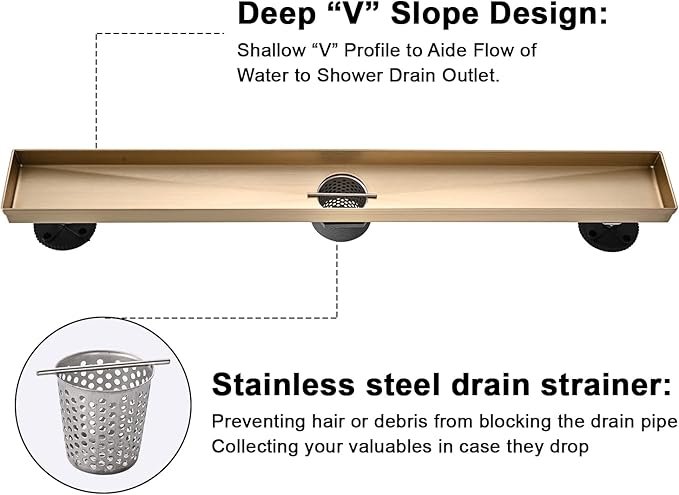 AVSIILE Linear Shower Floor Drain, Brushed Gold 28 Inch 304 Stainless Steel Bathroom Drains Kit, Rectangular Shower Trench Drain with Reversable Tile-in Pattern Drain Cover & Hair Catcher