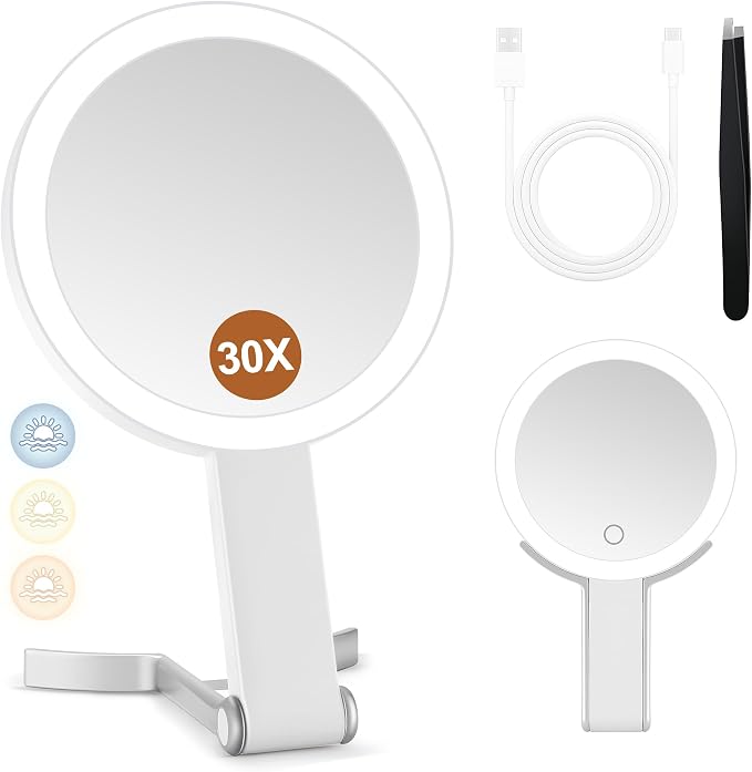 MIYADIVA Travel Makeup Mirror with Lights, Height Adjustable 30X/1X Double-Sided Magnifying Mirror, Portable Vanity Mirror with Phone Holder, Handheld Tabletop Hanging, White