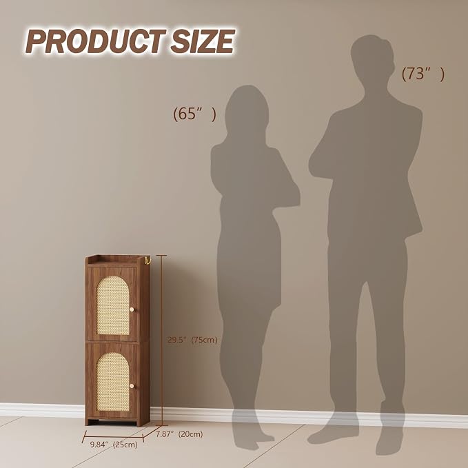 Rattan Bathroom Storage Cabinet,Corner Floor Cabinet with 2 Doors and Adjustable Shelf, Narrow Toilet Paper Cabinets with 2Hooks,Toilet Organizer for Small Spaces,7.87"D*9.84"W*29.72"H （Brown）
