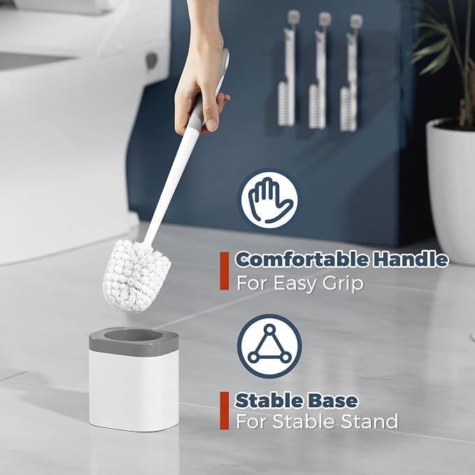 Holaloha Toilet Brush and Holder Set, Space Saving, 3 Pack, White | Bathroom Accessories, Ergonomic Silicone Handle, Dense Bristles, Deep Cleaning, with 3 Crevice Brushes, Compact Design