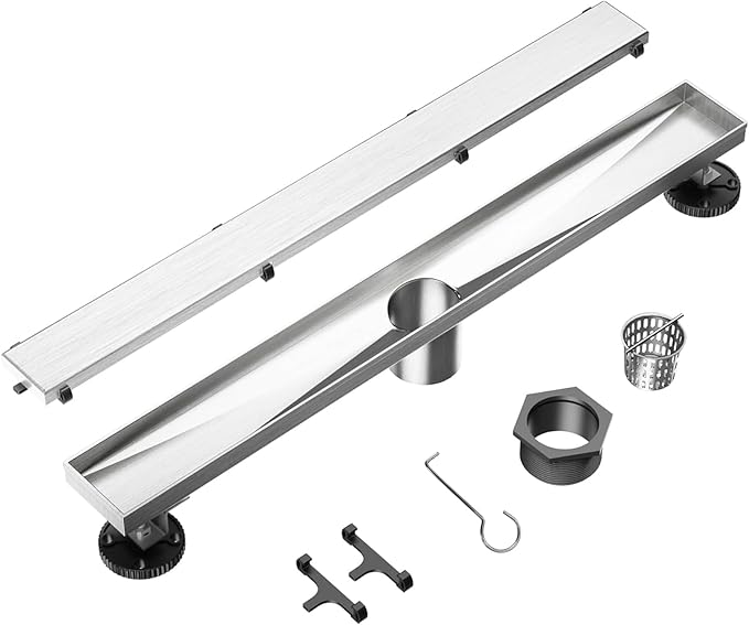 Neodrain Brushed 60-Inch Linear Shower Drain,with 2-in-1 Flat & Tile Insert Brushed Cover, Rectangle Shower Floor Drain, Floor Shower Drain with Adjustable Leveling Feet, Hair Strainer