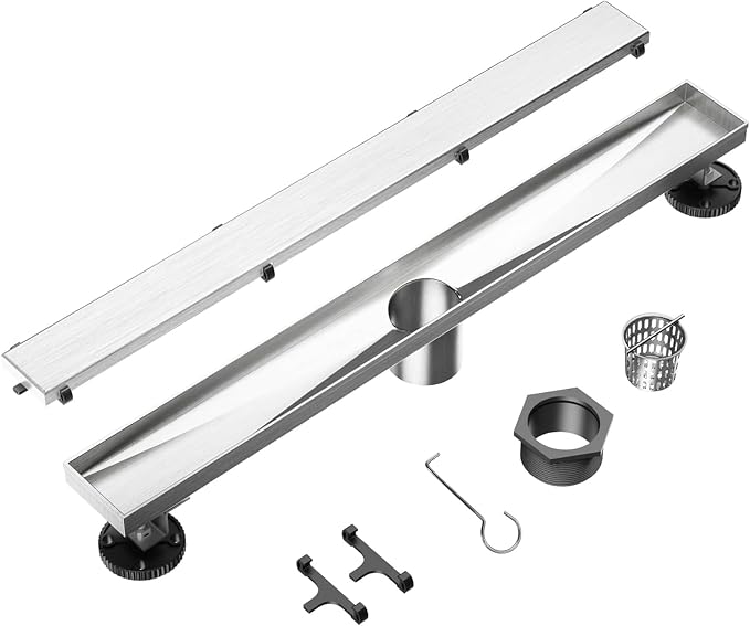Neodrain 24-Inch Linear Shower Drain- with 2-in-1 Flat & Tile Insert Cover, Brushed 304 Stainless Steel Rectangle Shower Floor Drain,Floor Shower Drain