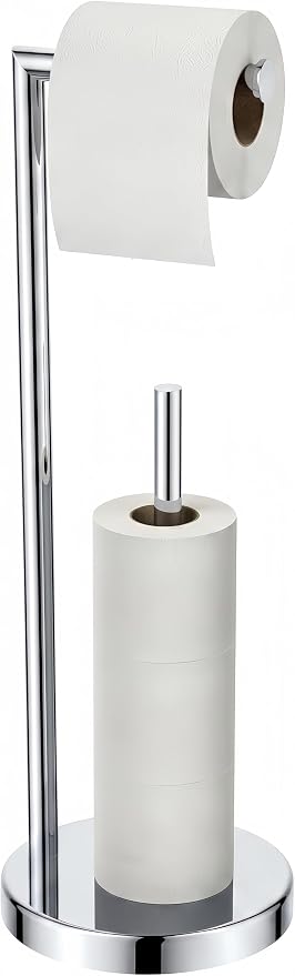 FORIOUS Toilet Paper Holder Stand with Storage for 4 Rolls, Chrome | Modern Freestanding SUS 304 Stainless Steel Bathroom Tissue Roll Organizer with Heavy Anti-Slip Weighted Base