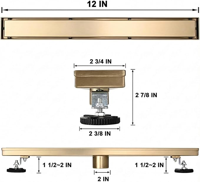 AVSIILE Linear Shower Floor Drain, Brushed Gold 12 Inch 304 Stainless Steel Bathroom Drains Kit, Rectangular Shower Trench Drain with Reversable Tile-in Pattern Drain Cover & Hair Catcher