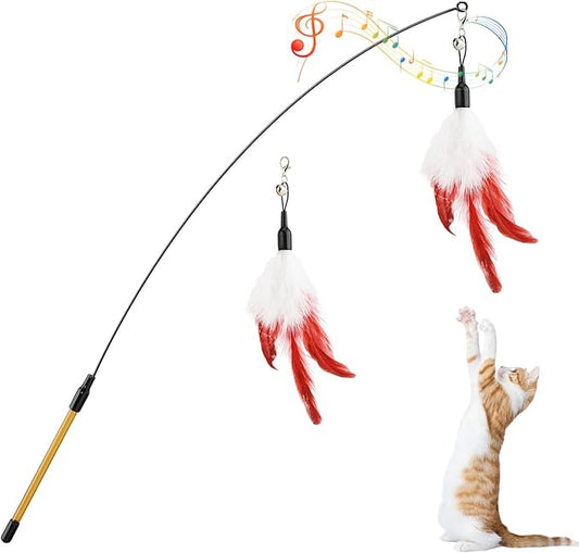 Pawaboo Cat Feather Wand Interactive Toy, 2 Feathers + 1 Wand with Bell | Cat Feather Teaser Toys Flying Catcher Extra Long 34.5" Wand Exerciser Playing Chase Cat Toy Wands for Kitten, Wine Red&White