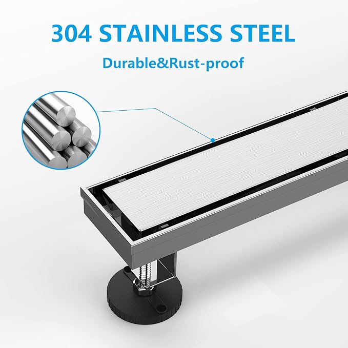 Linear Shower Drain 28 Inch, 2 in 1 Rectangular Shower Floor Drain, 304 Stainless Steel Linear Shower Drain with Tile Insert Grate, Adjustable Feet,Hair Filter